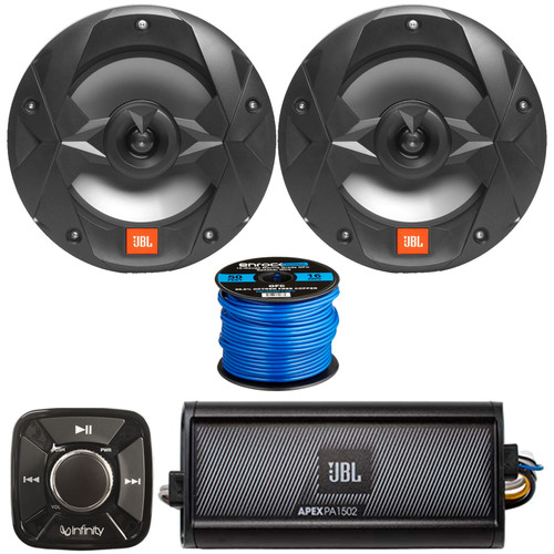 Infinity REM1 Remote Control for Marine Receiver, 1 Pair of JBL Club Marine MS8B 8" 2-Way Multi-Element Speakers, JBL Apex Series 2-Channel 750W Power Class D Amplifier, Speaker Wire