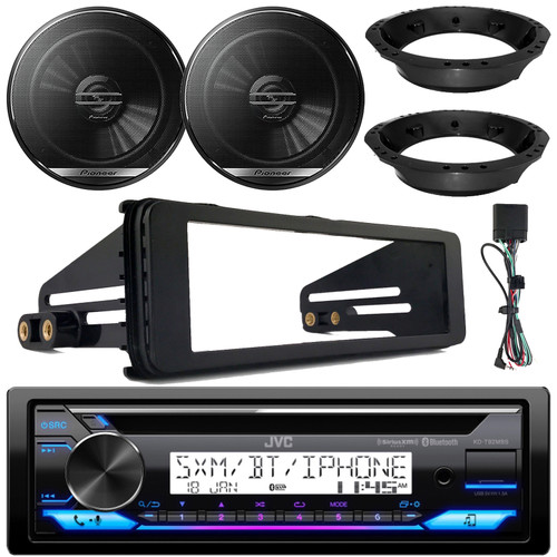 JVC KD-T92MBS Single DIN Marine MotorSports Bluetooth USB/AUX CD Player AM/FM Radio Stereo Receiver w/Install Kit, 2x 6.5" 300W Max 2-Way Speakers w/Adapters (Fits 98-2013 Harley Davidson Motorcycles)