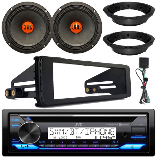 JVC KD-T92MBS Single DIN Marine MotorSports Bluetooth USB/AUX CD Player AM/FM Radio Stereo Receiver w/Install Kit, 2x 6.5" 300W Max Midrange Woofer Speakers w/Adapters (Fits 98-2013 Harley Davidson)