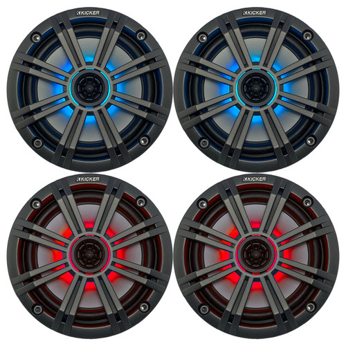 2 Pairs (QTY 4) of Kicker 8" OEM Marine Coaxial Charcoal Speakers with MultiColor LED Lighting (Bulk Packaging)