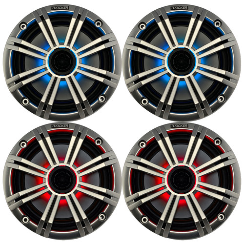 2 Pairs (QTY 4) of Kicker 8" OEM Marine Coaxial Silver Speakers with MultiColor LED Lighting (Bulk Packaging)