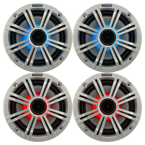 2 Pairs (QTY 4) of Kicker 8" OEM Marine Coaxial White Speakers with MultiColor LED Lighting (Bulk Packaging)