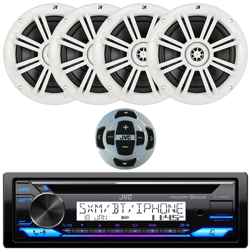 JVC KD-T92MBS Single DIN Marine MotorSports Bluetooth USB/AUX CD Player AM/FM Radio Stereo Receiver with Wired Remote, 4x 6.5" 150 Watt Max Power 2-Way Coaxial White Boat Speakers