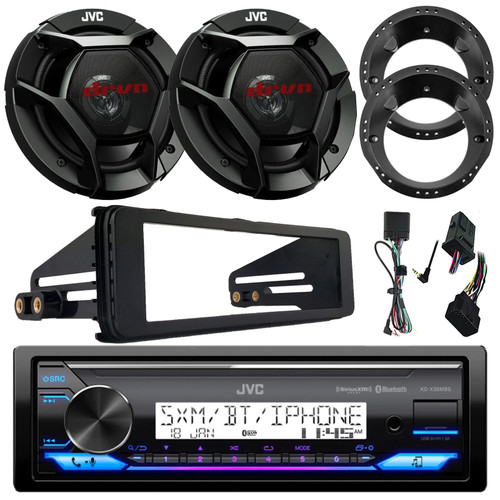 JVC KD-X38MBS Single DIN Marine MotorSports Bluetooth USB/AUX AM/FM SiriusXM Ready Stereo Receiver W/Install Kit, 2x 6.5" 300W Max 2-Way Speakers W/Adapters, Handlebar Control Interface (98-13 HD)