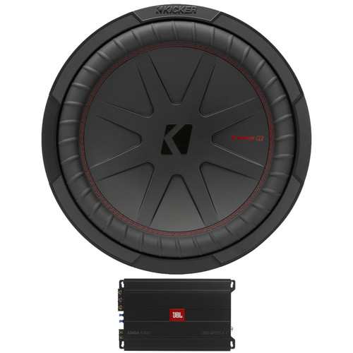 Kicker 48CWR122 CompR 12" 1000 Watts Max Power 2-Ohm Dual Voice Coil Car Audio Subwoofer (Single) Bundle Combo With JBL Stage 3001 300W RMS Class D Mono Full-Range Automotive Subwoofer Amplifier