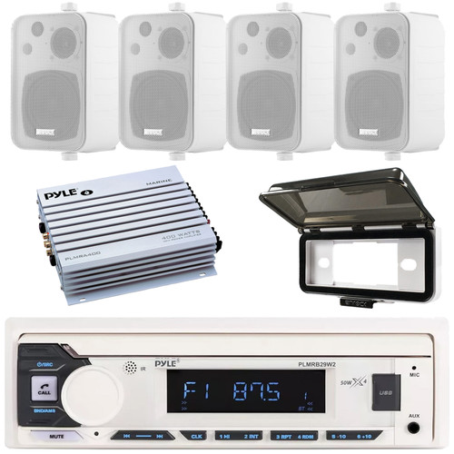 Pyle PLMRB29W2 Single DIN Marine Bluetooth USB/AUX MP3 Player AM/FM Radio Stereo Receiver w/White Cover, 4x Enrock EKMR408W 4" 30 Watt Max 3-Way Indoor/Outdoor White Box-Speakers, 4 Channel Amplifier