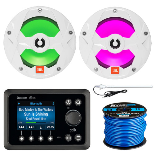 Polk Audio UMC1RTL Bluetooth AM/FM Radio Waterproof Commander Stereo Receiver Bundle Combo with 2x JBL 6.5" 2-Way Marine Boat White LED Speakers, 50 Foot 16-Gauge Speaker Wire, White Radio Antenna