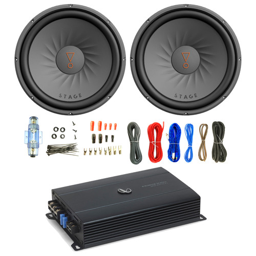 Infinity Primus 3000A 300 Watt RMS Power Compact Mono Amplifier w/Wiring Kit and 2x 12" 1000 Watt Peak Power Car Audio Subwoofer