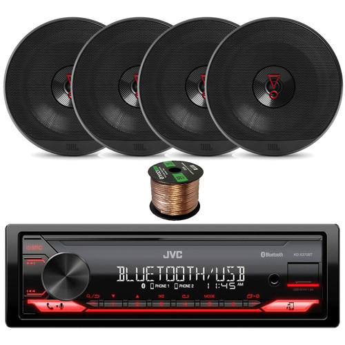 JVC KD-X270BT Single DIN In-Dash Bluetooth AM/FM/USB/AUX Digital Media Receiver Bundle with 4x JBL 6.5" 225W Peak Power Coaxial Car Speakers, Speaker Wire