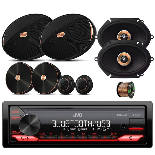 JVC KD-X270BT Single DIN In-Dash Bluetooth AM/FM/USB/AUX Digital Media Receiver Bundle with 2x Infinity 6x9" 405W Peak Speakers, 2x Infinity 6x8" 180W Peak Speakers, Speaker Wire