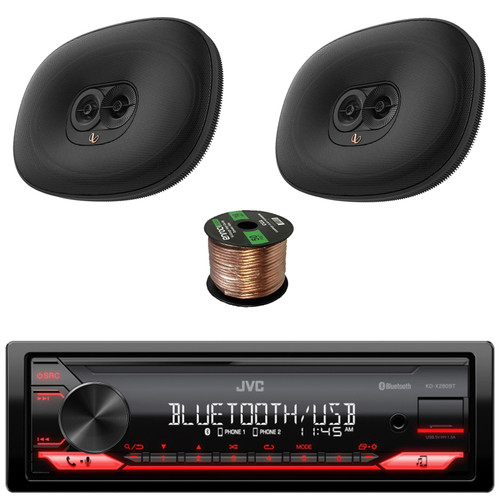 JVC KD-X280BT Single Din Bluetooth USB AUX AM/FM Digital Media Car Stereo Receiver, Infinity Primus 693M 6x9" 180 Watt Peak Power 3-Way Multi-Element Black Vehicle Audio Speakers (Pair) with Wire