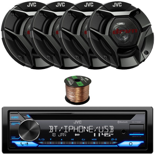 JVC KD-T720BT Single DIN AM/FM Radio Stereo USB AUX Bluetooth CD Player Multimedia Car Audio Receiver Bundle with 4x 4" 220W Peak Coaxial Speakers, Speaker Wire