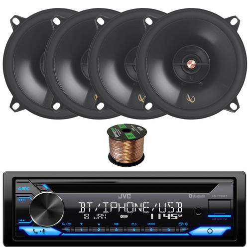 JVC KD-T720BT Single DIN AM/FM Radio Stereo USB AUX Bluetooth CD Player Multimedia Car Audio Receiver Bundle with 4x Infinity 5.25" 120W Peak Power 2-Way Multielement Speakers, Speaker Wire