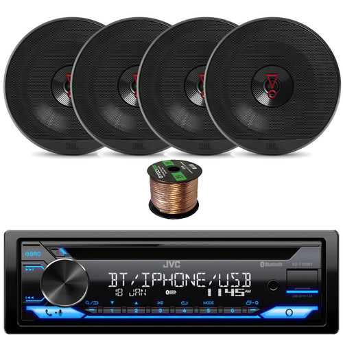 JVC KD-T720BT Single DIN AM/FM Radio Stereo USB AUX Bluetooth CD Player Multimedia Car Audio Receiver Bundle with 4x JBL 6.5" 225W Peak Power Coaxial Car Speakers, Speaker Wire