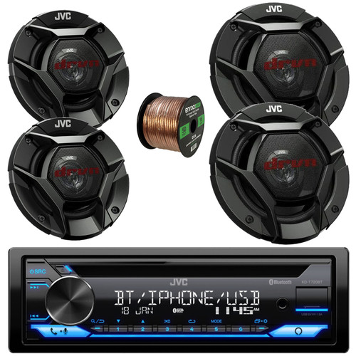 JVC KD-T720BT Single DIN In-Dash CD Player Bluetooth USB AUX AM/FM Radio Stereo Receiver, 2x 4" 2-Way 220 Watt Peak Power Car Audio Speakers, 2x 6.5" 2-Way 300 Watt Max Automotive Speakers with Wire