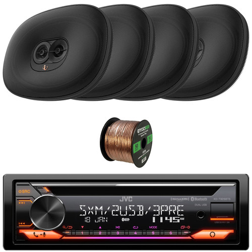 JVC KD-T925BTS Single DIN Bluetooth USB/AUX CD Player LED AM/FM Radio SiriusXM Ready Amazon Alexa Car Audio Stereo Receiver, 4x 6x9" 180W Max 3-Way Multi-Element Automotive Speakers, Speaker Wire