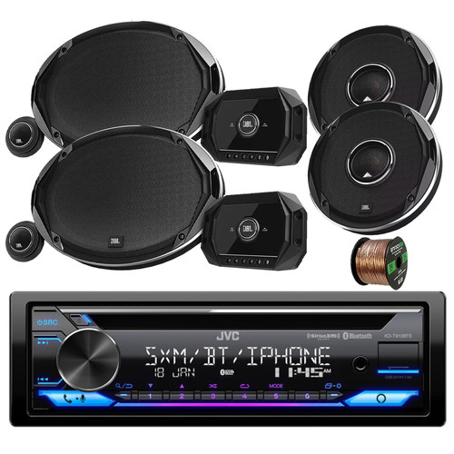 JVC KD-T910BTS Single DIN CD Player Bluetooth USB AUX AM/FM Stereo SiriusXM Ready Receiver Bundle with 2x JBL 6x9" 405W Peak Power Speakers, 2x JBL 6.5" 225W Peak Power Speakers, Speaker Wire