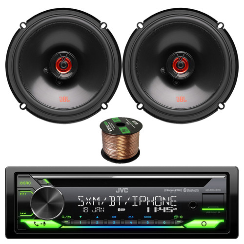 JVC KD-TD91BTS Single DIN In-Dash CD Player Bluetooth USB AUX AM/FM Stereo SiriusXM Ready Receiver Bundle with 2x JBL 6.5" 165W Peak Coaxial Car Speakers, Speaker Wire