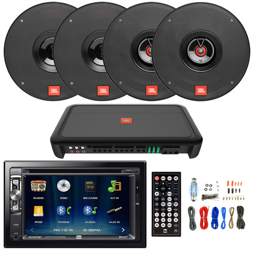 Dual XDVD276BT Double DIN CD/DVD/USB/AUX Bluetooth Stereo w/ 6.2" LCD Touchscreen Bundle with 2x JBL 6.5" 210W Peak Speakers, 2x JBL 6.5" 180W Peak Speakers, JBL 5-Channel Amp, Wiring Kit