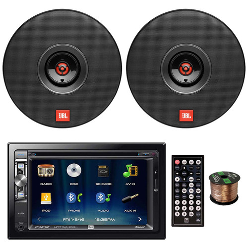 Dual XDVD276BT Double DIN CD/DVD/USB/AUX Bluetooth Stereo w/ 6.2" LCD Touchscreen Bundle with 2x JBL 6.5" 225W Peak 2-Way Shallow Mount Car Speakers, Speaker WIre