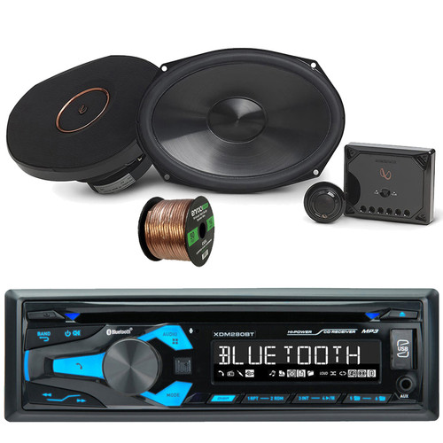 Dual XDM280BT Single DIN Bluetooth AM/FM Radio Stereo USB AUX 200W CD Player Receiver Bundle with 2x Infinity 6x9" 375W Peak Power Speakers, Speaker Wire