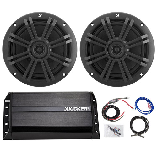 Kicker PXIBT100.2 2-Channel 2x50 Watt Full-Range Bluetooth Stereo Amplifier Bundle Combo with 2x 6.5" 2-Way 150W Peak Power Black Marine Speakers, 8GA Universal Amplifier Wiring Kit