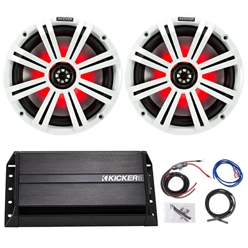 Kicker PXIBT100.2 2-Channel 2x50 Watt Full-Range Bluetooth Stereo Amplifier Bundle Combo with 2x 8" Marine Speakers with MultiColor LED Lighting, 2x 8" White Grilles, 8GA Amplifier Wiring Kit