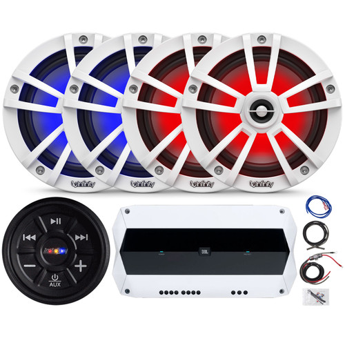 Metra IBR65 Waterproof Flush Mount AUX Bluetooth Audio Receiver Bundle Combo with 4-Channel 1000W Peak Power Weather-Resistant Amplifier, 4x 6.5" 225W White RGB Marine Speakers, 8GA Amp Wiring Kit