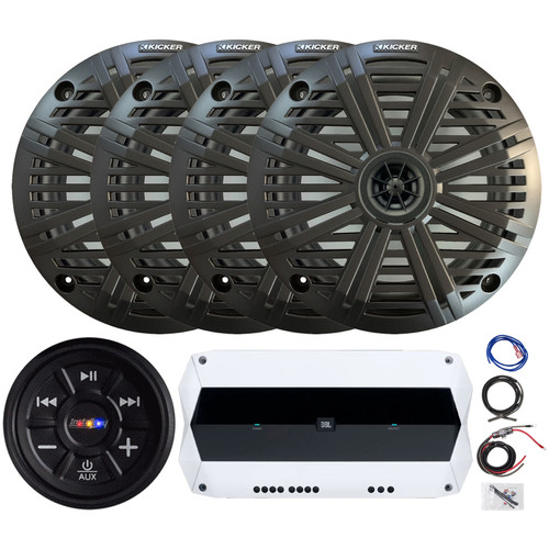 Metra IBR65 Waterproof Flush Mount AUX Bluetooth Audio Receiver Bundle with 4-Channel 1000W Peak Power Marine Amplifier, 4x 6.5" 195W Peak Power Marine Speakers, 4x Charcoal Grilles, Amp Wiring Kit