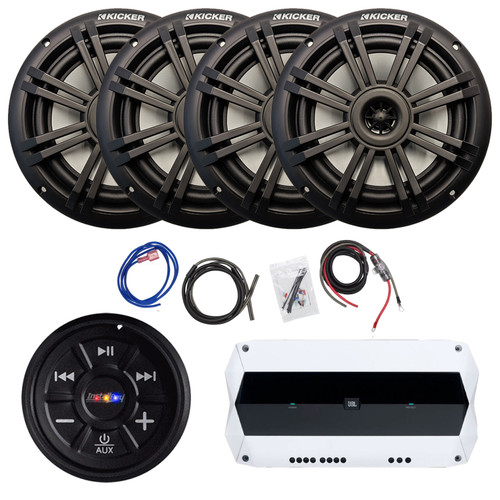 Metra IBR65 Waterproof Flush Mount AUX Bluetooth Audio Receiver, 4x 6.5" 150 Watt Max Power OEM Replacement Black Boat Audio Speakers, 4-Channel Marine Amplifier w/Wiring Kit