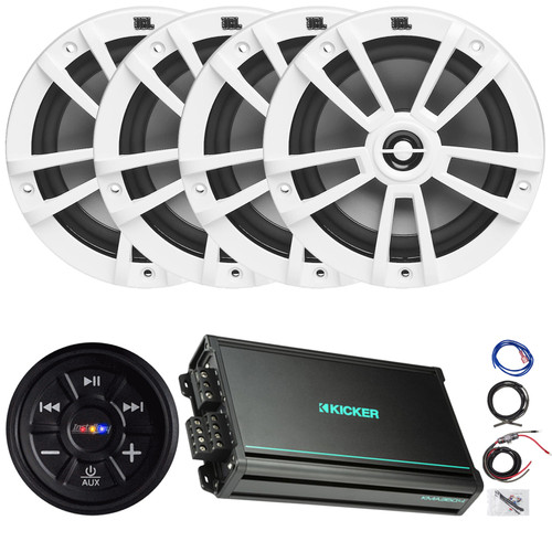 Metra IBR65 Bluetooth AUX Waterproof Flush Mount Audio Receiver, 4x 6.5" 180W Max 2-Way Multi-Element Boat White Speakers, 4-Channel 90 Watts x 4 Full-Range Amplifier, 8 Gauge Amplifier Wiring Kit