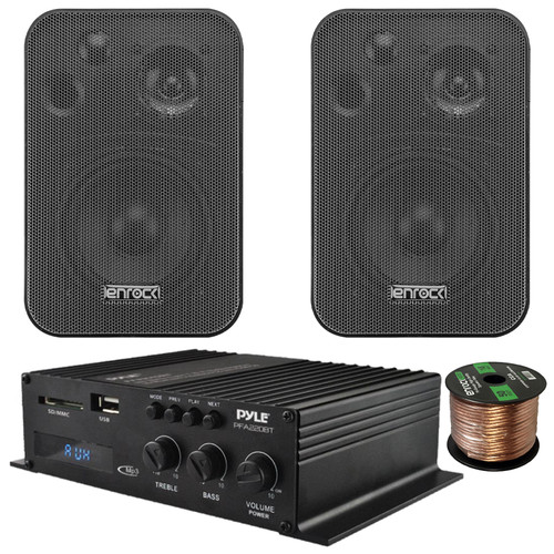 Pyle PFA220BT 2-Channel 120 Watt Bluetooth USB Mini Compact Class-T Power Amplifier System Combo Bundle with 2x 4" 30 Watts Max Power 3-Way In Door/Out Door Black Box Speakers, 16 Gauge Speaker Wire