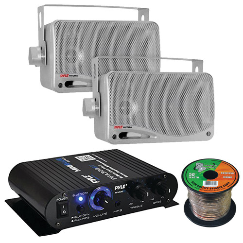 Pyle PFA330BT 2-Channel 90 Watt Max Power Bluetooth AUX Compact Class T Amplifier System Combo Bundle with 2x 3.5'' 200W Peak Power 3-Way Weather Proof Mini Silver Box Speakers, 16 Gauge Speaker Wire