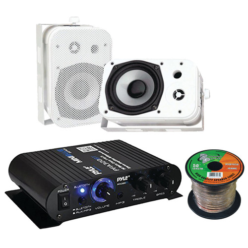 Pyle PFA330BT 2-Channel 90 Watt Max Power Bluetooth AUX Compact Class T Amplifier System Combo Bundle with 2x 5.25" 400W Peak Power Indoor/Outdoor White Waterproof Speakers, 16 Gauge Speaker Wire