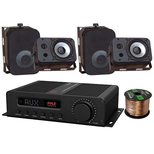 Pyle PFA540BT 5-Channel Hi-Fi Compact Bluetooth FM Radio Audio Amplifier Receiver System Bundle Combo with 4x 5.25" 400W Peak Power Indoor/Outdoor Black Waterproof Speakers, 16 Gauge Speaker Wire
