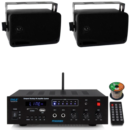 Pyle PFA600BU Compact Bluetooth USB/AUX FM Radio Public Address Amplifier Receiver, 2x Pyle PLMR24B 3.5" 200W Max Power 3-Way Indoor/Outdoor Wall Mount Black Speakers, 50 Feet 16 Gauge Speaker Wire