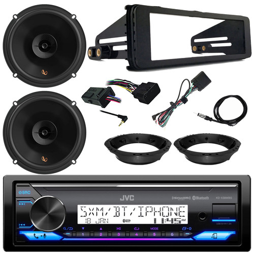 JVC KD-X38MBS Single DIN Marine MotorSports Bluetooth USB/AUX LED AM/FM SiriusXM Ready Stereo Receiver w/Install Kit, 2x 6.5" 150W Max 2-Way Speakers w/Adapters, Handlebar Control Interface, Antenna