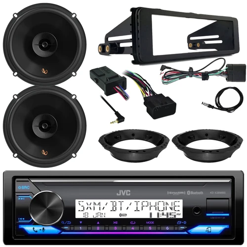 JVC KD-X38MBS Single DIN Marine MotorSports Bluetooth USB/AUX AM/FM Radio SiriusXM Ready Stereo Receiver w/Install Kit, 2x 6.5" 150W Max 2-Way Speakers w/Adapters, Handlebar Control Interface, Antenna