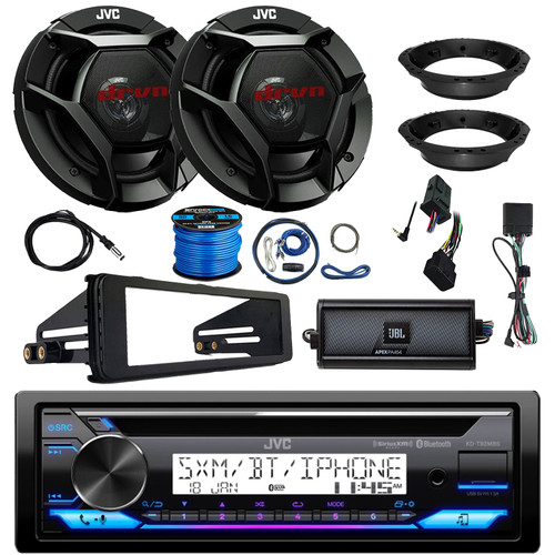 JVC KD-T92MBS Single DIN Marine Bluetooth USB/AUX CD Player AM/FM Radio Stereo Receiver W/Install Kit, 2x 6.5" 300W Max Speakers W/Adapters, Amplifier W/Kit, Handlebar Control Interface, Wire, Antenna