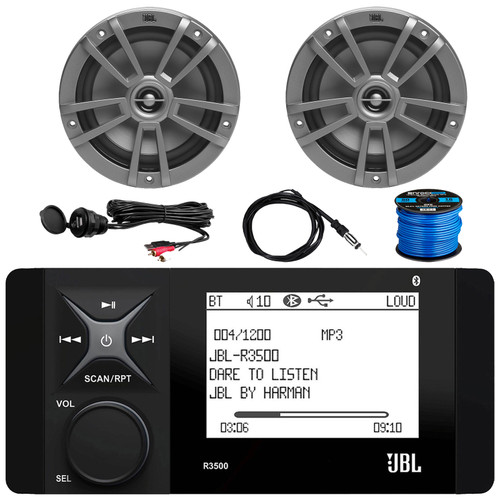 JBL R3500 4" LCD Screen Marine Bluetooth USB/AUX AM/FM Radio Weather-Resistant Digital Media Stereo Receiver, 2x 6.5" 180W Max 2-Way Gray Marine Speakers, USB/AUX Adapter, Radio Antenna, Speaker Wire