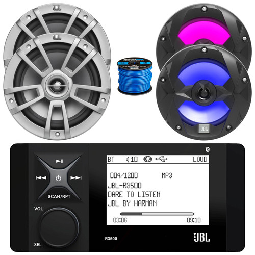 JBL R3500 4" LCD Screen Marine Bluetooth USB/AUX AM/FM Radio Weather-Resistant Digital Media Stereo Receiver, 2x 8" 375W Max High-Performance Gray Speakers, 2x 6.5" 225W Max RGB LED Speakers, Wire