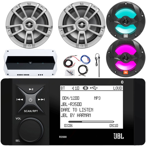 JBL R3500 4" LCD Screen Marine Bluetooth USB/AUX AM/FM Weather-Resistant Stereo Digital Media Receiver, 2x 8" 375W Max Speakers, 2x 6.5" 225W Max RGB LED Speakers, 4 Channel Amplifier W/Kit, Antenna