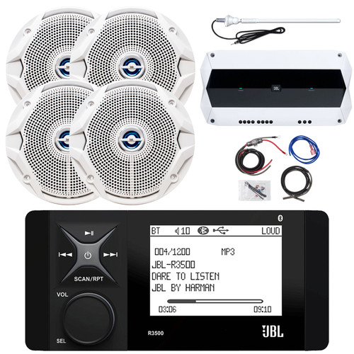 JBL R3500 Marine Bluetooth AMFM LCD Digital Media Receiver Bundle With 4x JBL 6.5" White Marine Speakers, 4-Channel 1000W Max Marine Amplifier, Amplifier Wiring Kit, Black Antenna