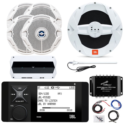 JBL R3500 Marine Bluetooth AMFM LCD Digital Media Receiver Bundle With 4x JBL 6.5" White Marine Speakers, 4-Channel 1000W Max Marine Amplifier, 10" 750W Subwoofer, Amp Wiring Kit, Antenna, Splitter