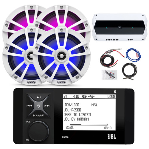 JBL R3500 Marine Bluetooth Stereo LCD Digital Media Receiver Bundle With 4x 6.5" 225W Max White Marine RGB Speakers, 4-Channel 1000W Max Marine Amplifier, Amp Wiring Kit