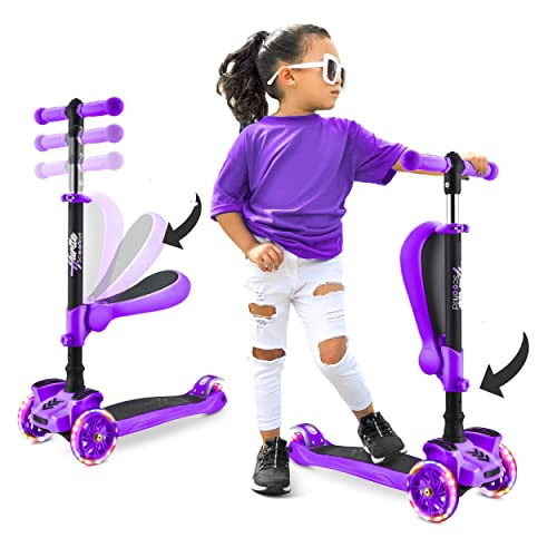 Hurtle 3-Wheeled Scooter for Kids - Wheel LED Lights, Adjustable Lean-to-Steer Handlebar, and Foldable Seat - Sit or Stand Ride with Brake for Boys and Girls Ages 1-14 Years Old