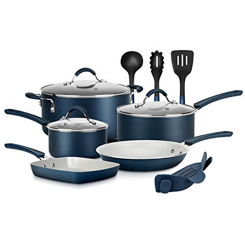 Nutrichef 17 Piece Non-Stick Cookware Set, Pots & Pans with Foldable Knob, Space Saving, Stackable, Nylon Tools Set, Induction Base, Gray