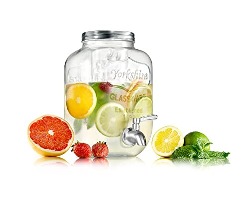NutriChef 1-Gallon Glass Beverage Dispenser - Mason Jar Style Drink Container Jug w/ Stainless Steel Spigot & Plastic Ice Infuser, Wide Mouth Easy Filling, 100% Leak-proof Lid, For Party or Daily Use