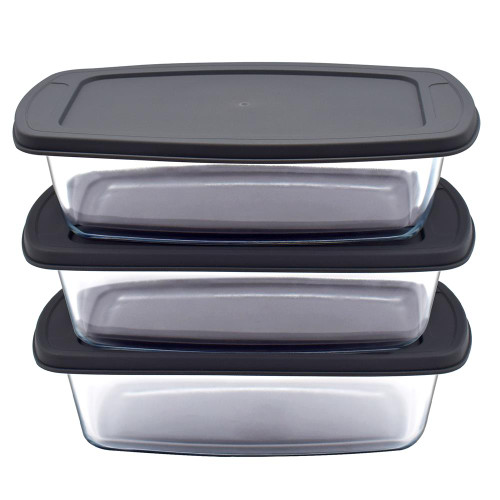 NutriChef 3 Sets Loaf Pan - 62.07oz Stackable Superior Premium Glass Meal-prep Food Container w/ Airtight Locking Lid, BPA-Free Leakproof, Freezer-to-Oven-Safe, For Bread, Cake & Pastries