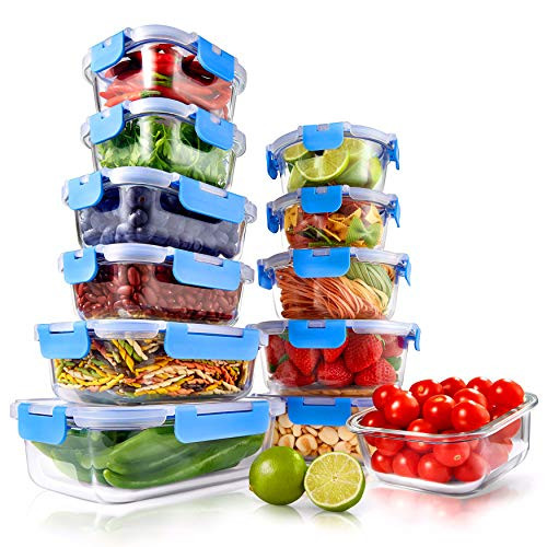 24-Piece Glass Food Storage Containers - Stackable Superior Glass Meal-prep Containers w/ Newly Innovated Hinged BPA-Free 100% Leakproof Locking Lids - Freezer-to-Oven-Safe - NutriChef NCGLBU (Blue)